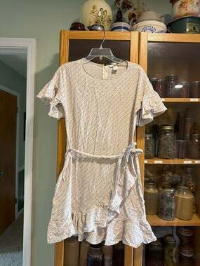 H&M Women's Size 6 Beige and Black Patterned Wrap-Style Mini Dress with Ruffles